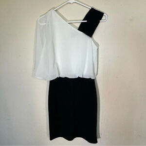 ASOS Asymmetrical Black White Colorblock One Flutter Shoulder Mini Dress Size 6